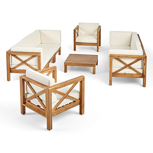 Great Deal Furniture Outdoor 8 Seater Acacia Wood Sofa and Club Chair Set, Teak Finish and Beige