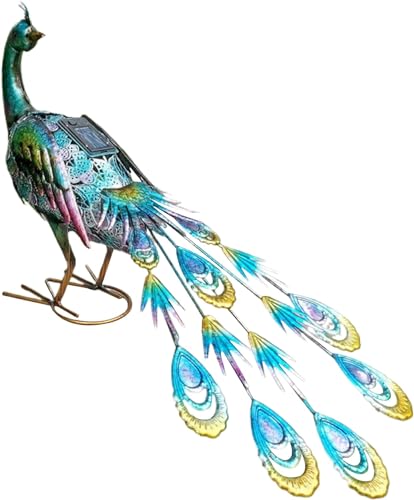 GenSDH Metal Peacock Statue Figurines Solar Peacock Realistic Led Metal Peacock Statue Carved Vibrant Peacock Decor Light-Operated Weatherproof Solar Lights23.03X6.10X15.55Inch.