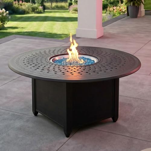 Darlee AC Series 60-Inch Round Propane Fire Pit Dining Table - Cast Aluminum Fire Table in Antique Bronze for Outdoor Patios