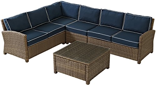 Crosley Furniture Bradenton 5-Piece Outdoor Sectional Sofa Set Brown with Navy Cushions