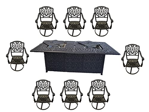Patio Land Elizabeth Outdoor Cast Aluminum 9-Piece Dining Set with 44x84 Double Burner Table (8 Swivel Rockers, Olefin Walnut)