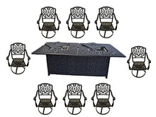 Patio Land Elizabeth Outdoor Cast Aluminum 9-Piece Dining Set with 44x84 Double Burner Table (8 Swivel Rockers, Sunbrella-Linen-Sesame Cushions)