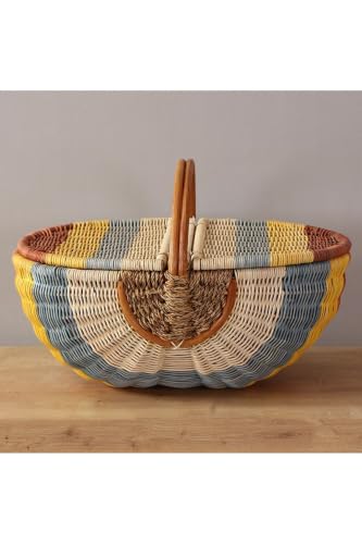 Bohemian Large Multicolored Picnic Basket, Brunch Basket - 20 x 14 x 15 inches (Handle Included) - Rattan Woven Storage Tote - Multicolor