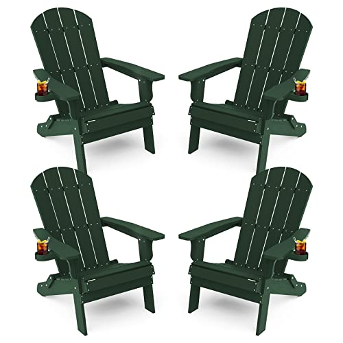 YEFU Foldable Oversized Adirondack Chair Set of 4 with Cup Holder, Weather Resistant, Green