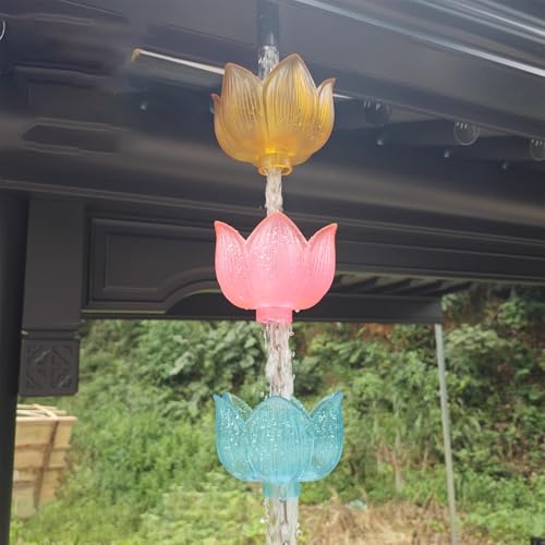 Innovz Outside Rain Chains for Gutters, Resin Rain Catcher Chain Large Lotus 15 X 15 Cm - 1m 5 Cups, Heavy Rain Water Catcher, Downspout Drain Gutter Decorative Chain(Colorful,3m/9.2ft)
