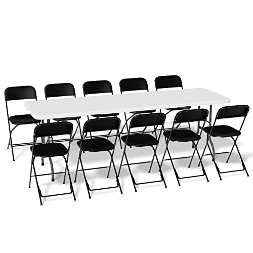 MoNiBloom Folding Table Chair Set, 8Ft Folding Heavy Duty Utility Table and 10 Pack 650 lb. Capacity Premium Plastic Folding Chairs for Wedding Party Outdoor