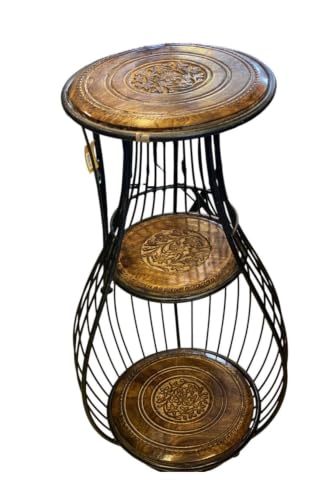 SODEF 3-Tier Wood and Metal Plant Stand, 33 in Height, Round Tiered Shelves, Rustic Farmhouse Decor, Black Distressed Finish, Indoor/Outdoor Use