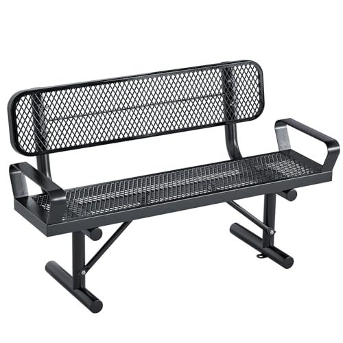 Metal Park Bench for Outside, Outdoor Bench with Armrests, Backrest, Frame