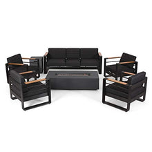 Giovanna Outdoor 7 Seater Chat Set with Fire Pit - Aluminum - Black/Natural/Dark Gray