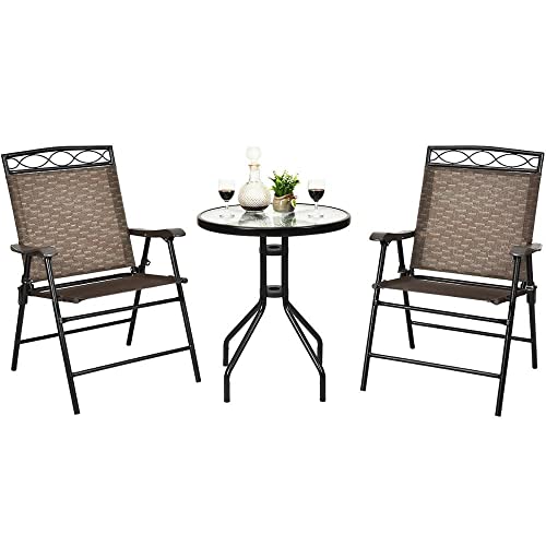 3 PCS Bistro Conversation Patio Pub Dining Set W/ 2 Folding Chairs & Glass Table Round Table