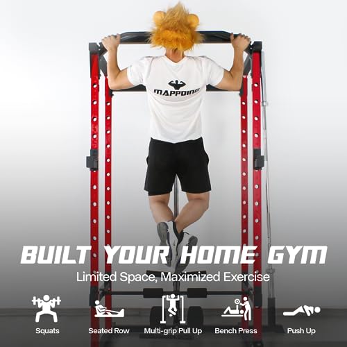 Mappding Power Cage with LAT Pulldown, Multi-Functional Squat Rack Red