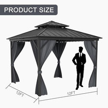 GarveeLife 12x12FT Hardtop Gazebo Galvanized Steel Double Roof with Curtain and Netting Gray