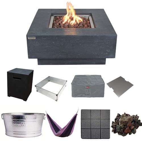 Elementi Manhattan Dark Grey 36” Propane Fire Pit Table Outdoor Fire Table with Glass Windscreen, Stainless Steel Cover, Tank Cover, Canvas, Floor Mat, Hammock, Beverage Tub