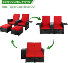 Patio Furniture Set, 5 Pieces Patio PE Wicker Chaise Lounge, Red Outdoor Cushioned Wicker Chaise Lounger with Adjustable Backrest, Adjustable Sun Lounger for Outside Sunbathing Camping Pool Beach