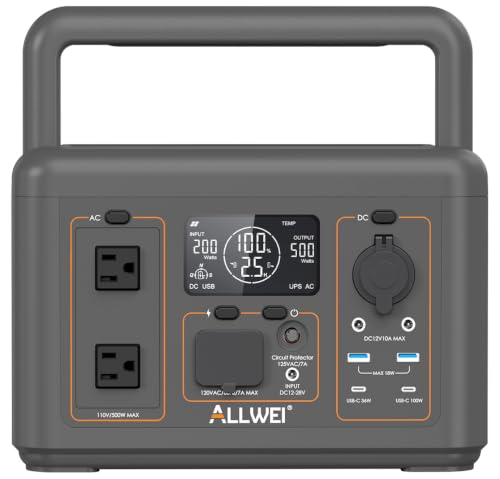 ALLWEI Portable Power Station 500W, 512Wh LiFePO4 Battery UPS Backup Power