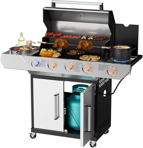 SKOK Led 4-Burner Gas BBQ Grill with Side Burner Led Knob, Barbecue Grill with Porcelain-Enameled Cast Iron Grates, 60,000 BTU Stainless Steel Propane Grill 629 Sq. In. Grilling Area