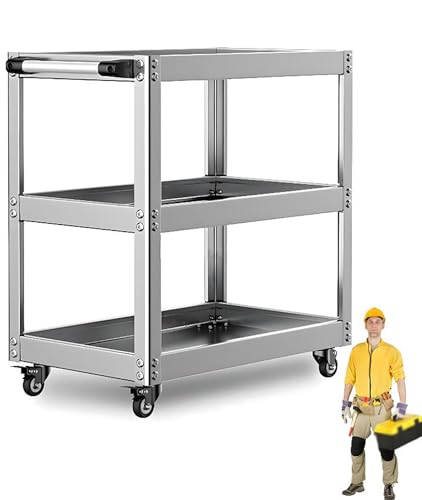 ICEMOB Utility Cart on Wheels,3-Tier Heavy Duty Rolling Tool Cart,Stainless Steel Service Cart,Supports Up to 220 Lbs,Tool Organizer for Warehouse, Garage and Workshop