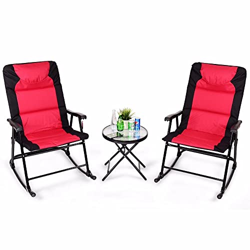 3 PCS Outdoor Folding Rocking Chair Table Set Bistro Sets Patio Furniture Red Outdoor Furniture