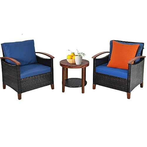 DUYHBAWRS 3PCS Patio Rattan Furniture Set Solid Wood Frame Cushion Sofa Round Table Shelf