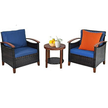DUYHBAWRS 3PCS Patio Rattan Furniture Set Solid Wood Frame Cushion Sofa Round Table Shelf