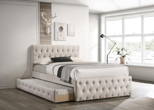Kaimei Contemporary Twin Bed with Slatted Trundle, Tufted Headboard and Footboard Light Brown