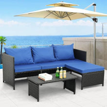 KswyyuwxgqI 3-Piece Outdoor PE Rattan Patio Furniture Set with Black Wicker Sectional Loveseat Sofa and Cushions, Conversation Couch for Garden, Balcony or Porch(Blue)