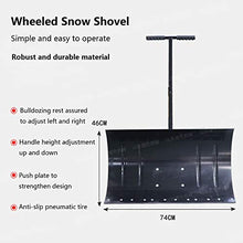 Wheeled Snow Pusher Shovel Heavy-Duty Rolling Snow Pusher Adjustable Handle and Push Plate Non-Slip Wheels 74CM Working Width Driveway or Road Snow Removal Tool