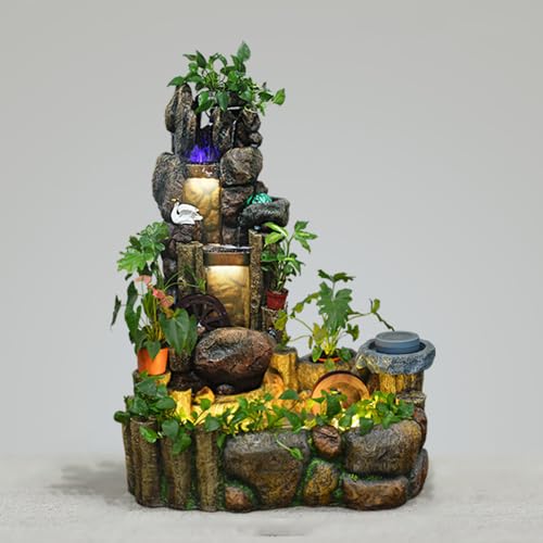 Rustic Rock Water Fountain with LED Lights and Planter Accents – Indoor/Outdoor Cascading Waterfall Feature for Home or Garden Decor(2109)