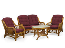 Malibu Lounge Set of 4: 2 Natural Rattan Wicker Chairs, Loveseat with Dark Brown Cushions and Coffee Table w/Glass Handmade, Colonial