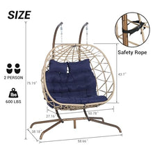 KEIKI Double Swing Egg Chair with Stand, Patio Rattan Wicker Hammock Egg Chair with UV Cushion, 2 Person Outdoor Indoor Hanging Basket Chair, 600LBS Capacity for Balcony, Dark Blue and Khaki