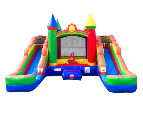 Pogo Bounce House Crossover Rainbow Inflatable Bounce House with Double Water Slides