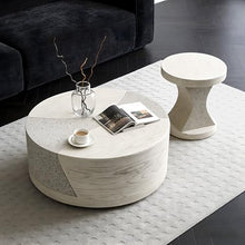 FESTIVITY Indoor & Outdoor Round MGO Coffee & Side Table Set with a Natural Stone & Wood-Look Finish for Patio, Living Room, Balcony, Deck, or Backyard (Ivory Oak Travertine)