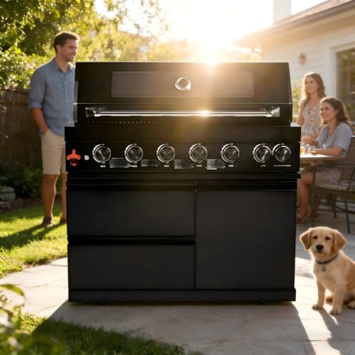 6-Burner Stainless Steel Gas Grill, Outdoor Kitchen BBQ Grill with Electronic Ignition & Marble Countertops, Propane Cooking Grill with Storage Drawers for Backyard Patio Entertaining