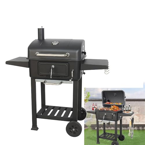 Portable Charcoal BBQ Grill, Charcoal BBQ Grill Trolley with Wheels and 2 Folding Side Table, Visual Thermometer, Adjustable Air Vent, Lifting Charcoal Basin, for Home Garden Cooking