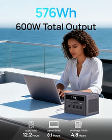 DARAN Portable Power Station 600W (1200W Peak) 576Wh LiFePO4 battery with 100W Solar Panel, Fast Recharge AC/Car/Solar, 3 AC Outlets, USB-C PD for Camping, RV, CPAP, Emergency Backup