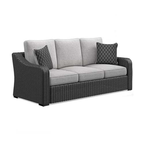 Signature Design by Ashley Beachcroft Outdoor Sofa, All-Weather Wicker Patio Couch, Rust-Free Aluminum Frame and Nuvella Fabric Cushions, Ideal for Sunroom or Deck, Black/Light Gray
