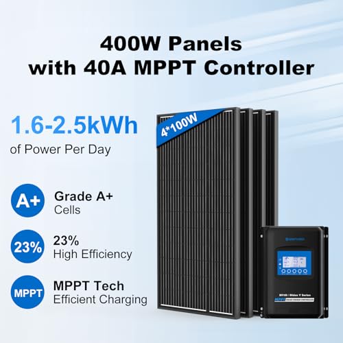 ACOPOWER 400 Watt 12 Volt RV Solar Panel Kit 4 * 100W Solar Panels+40A MPPT LCD Charge Controller+Mounting Z Brackets+Adaptor Kit+Tray Cables Set,Solar System Complete Kits for RV,Boat