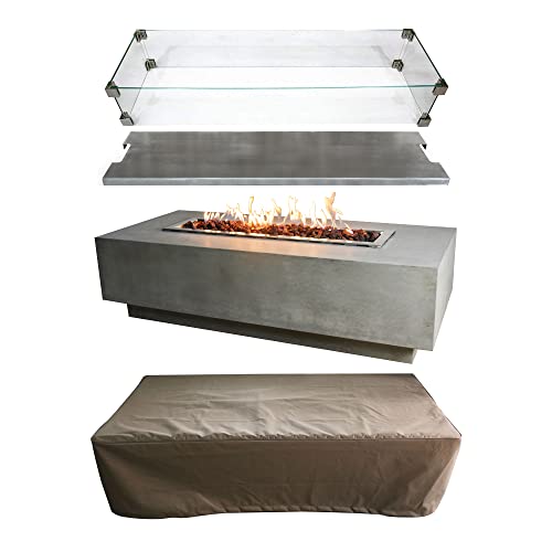 Elementi Granville 60 in Rectangular Concrete Propane Fire Pit Table + 42 in Stainless Steel Fire Pit Cover + Tempered Glass Wind Screen Guard