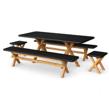 Modern Indoor/Outdoor Matte Black 94.5" Poly-Fiber Dining Table with Acacia Wood Spider Base, 2 Benches & 2 Backless Stools with Acacia Wood Base
