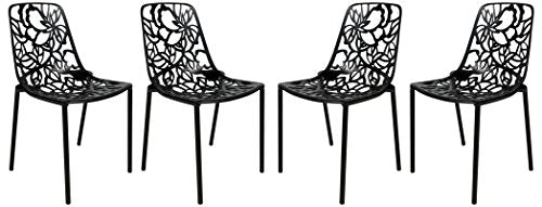 LeisureMod Devon Patio Dining Chair, Aluminum Stackable Design Side Chair, Weather Resistant Metal Chair for Indoor Outdoor Use, No Assembly, UV Protected with Floor Protectors, (Black, Set of 4)