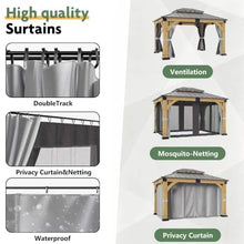 10x12 ft Wood Gazebo with Curtains & Mosquito Netting, Hardtop Gazebo with Galvanized Steel Double Roof, Heavy Duty Pavilion for Patio Lawn and Garden
