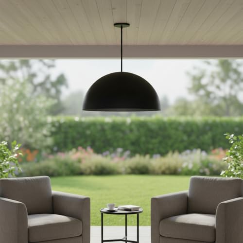 HomeRoots 683472 32 in. Black Aluminum Dome LED Dimmable Outdoor Pendant Hanging Light