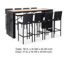 Benzara 9pc Outdoor Bar Table Set with 8 Chairs Black Poly Rattan, Acacia Wood