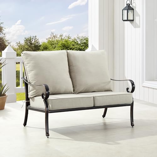 Oakland Living Black Aluminum Patio Deep Seating Outdoor Two Seater Loveseat with Light Grey Cushions
