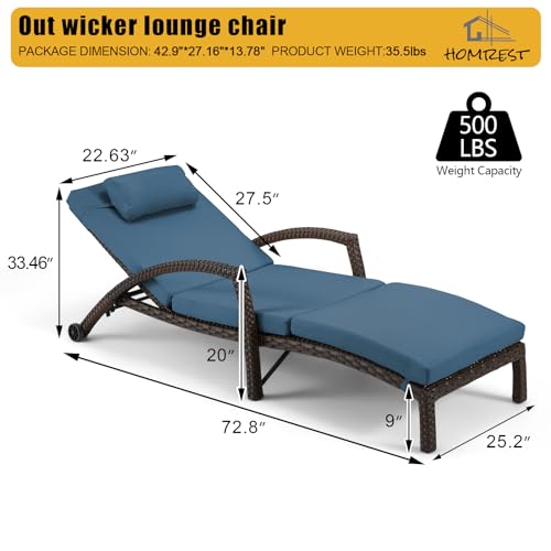 HOMREST Chaise Lounge Chairs Set of 4 PE Rattan Wicker Adjustable Dark Blue