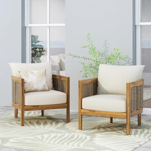 Merax Outdoor Acacia Wood Wicker Club Chair Set of 2 with Cushion Beige