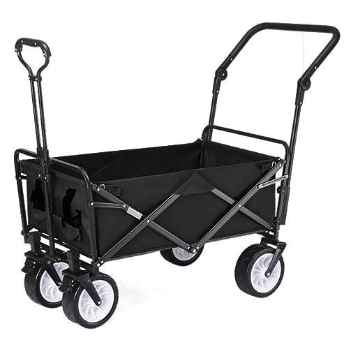 CWENZXDIA Garden Wagon Folding Garden Trolley Cart with 4 Wheels Heavy Duty Wagon Shopping for Outdoor Camping Pull Truck Utility Cart(Black)