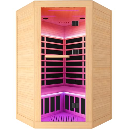 2-3 Person Corner Infrared Sauna Cabin 2180W Home Dry Steam Sauna with Colorful Lights and Bluetooth Speaker, Low Electromagnetic Radiation Canadian Hemlock Wood Dimensions 47.2 x 47.2 x 74.8 inches
