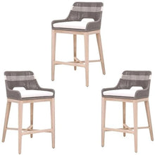 Home Square 3 Piece Outdoor Upholstered Rope Barstool Set Dove Gray Teak