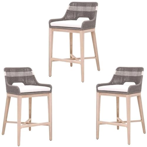Home Square 3 Piece Outdoor Upholstered Rope Barstool Set Dove Gray Teak